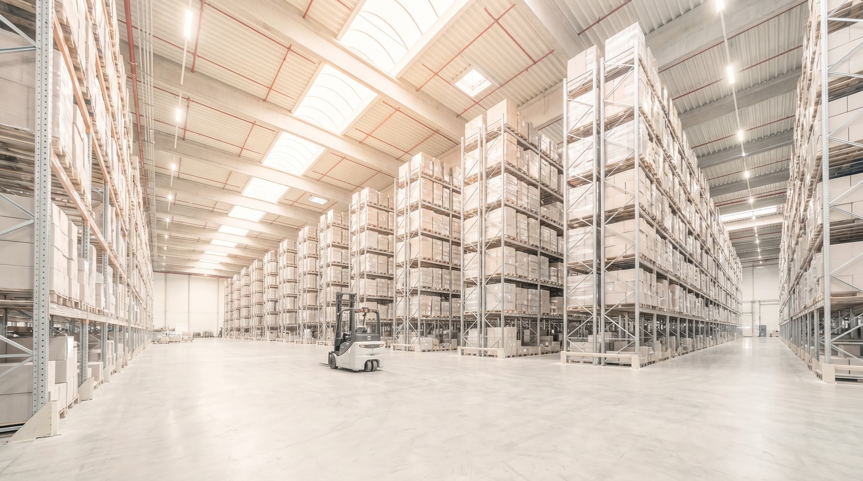 Interior de galpão logístico amplo com porta-pallets e luz natural